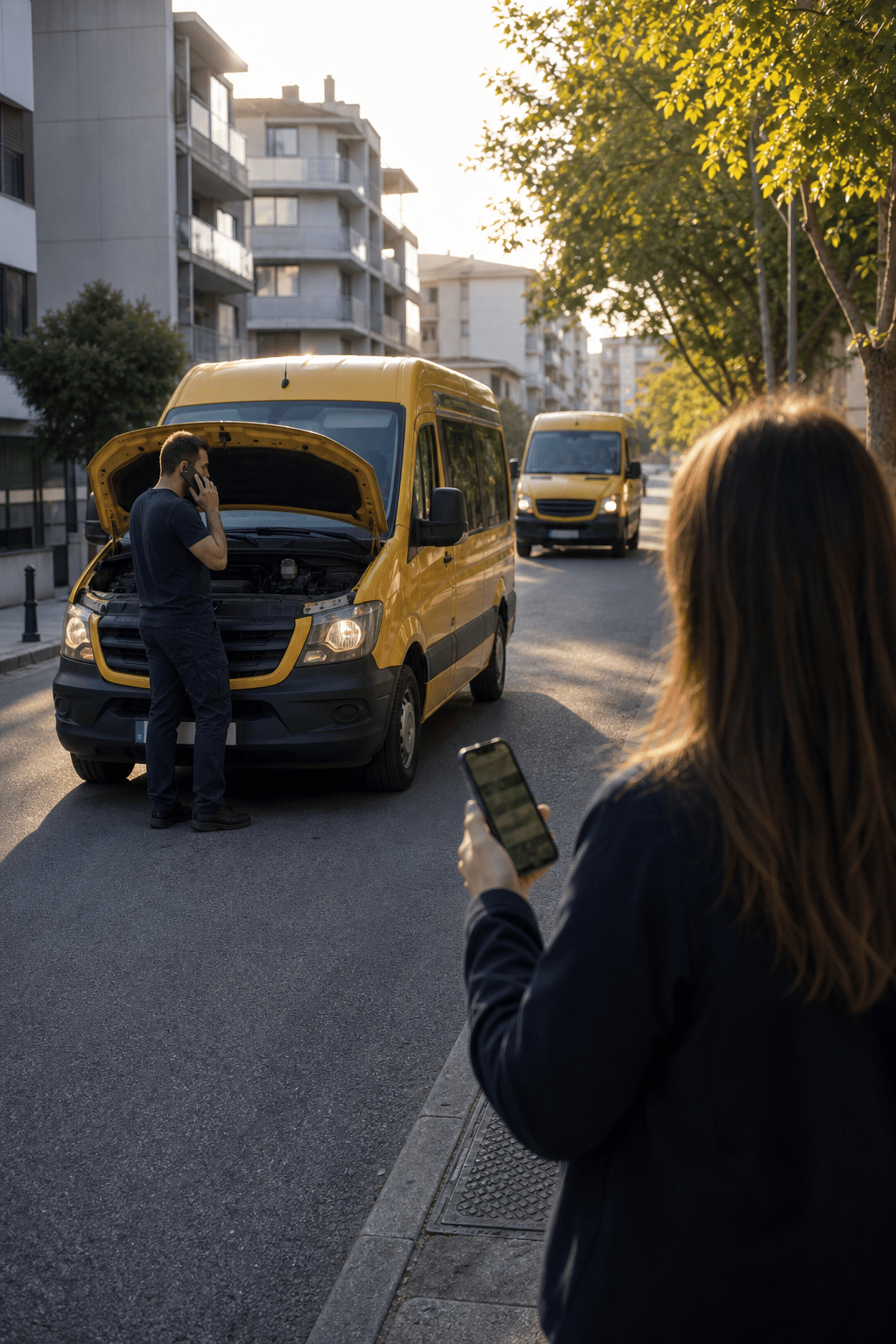Arızalanan sarı servis aracının yanında yedek araç beklerken şoförün telefonla bildirim yaptığı yol kenarı sahnesi.
