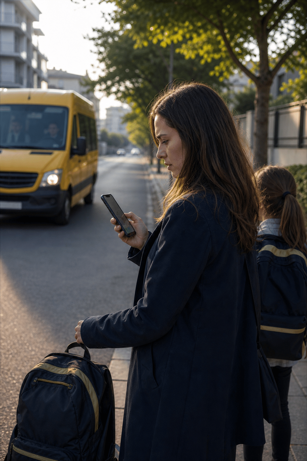 Servis durağında çocuğunun bineceği aracı beklerken telefona bakan veli.