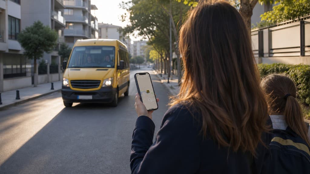 Bir velinin mobil uygulamadan yaklaşan öğrenci servisini canlı olarak takip ettiği sahne.